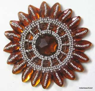 2PCS HAND BEADED APPLIQUES SEWING ORANGISH BROWN SILVER  