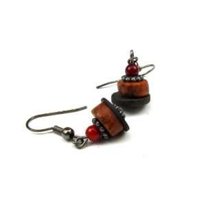   Wood Disc, Coconut, and Red Bamboo Coral Dangle Earrings Jewelry