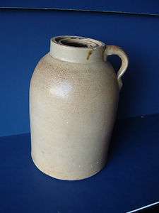 Antique Stoneware Jug Crock Storage Jar Tan Brown Speck Finger Handle 