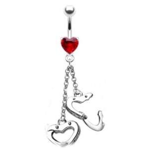   Red Crystal Heart Handcuff Charm Belly/Navel Ring Silver Tone Jewelry