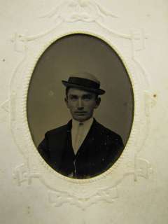Small Antique Tin Type Photo Man Wearing Derby Hat  