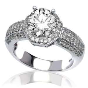 Halo Style 14k W Gold Pave Set Diamond Engagement Ring with a 1.01 