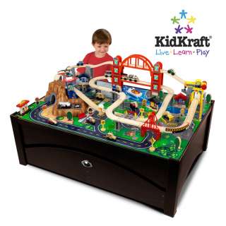 NEW 100 PIECE WOOD TRAIN SET TABLE w/ TRUNDLE ACTIVITY TRACKS PLAY TOY 