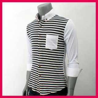 Black Stripe Knit Accent White Slim Fit Stylish Casual Dress Shirts 