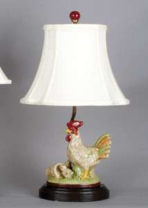 NEW PRETTY PORCELAIN ROOSTER & CHICKS, WOOD LAMP 21H  