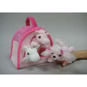  Plush PINK DOG Animal House with 3 Finger Puppets NIce Toy 